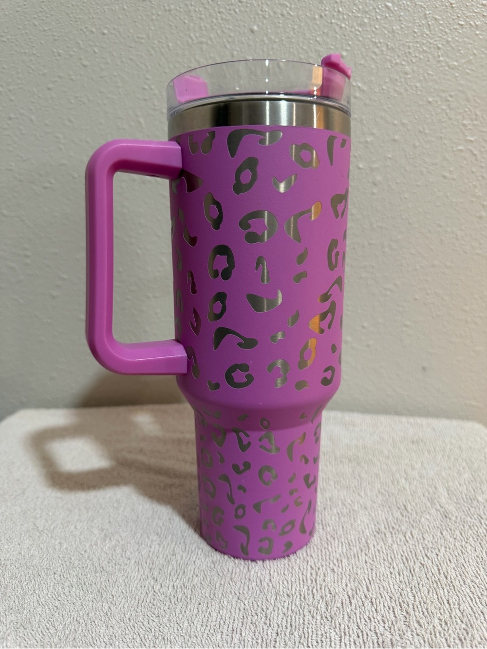Purple Leopard Print Insulated Travel Mug with Handle